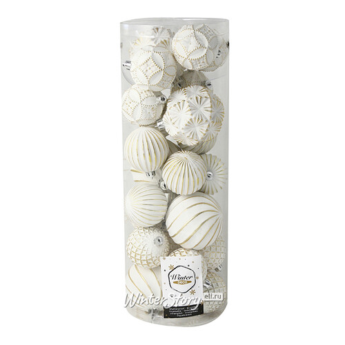 Набор пластиковых шаров Divine 6-8 см, 24 шт, белый с золотым Winter Deco