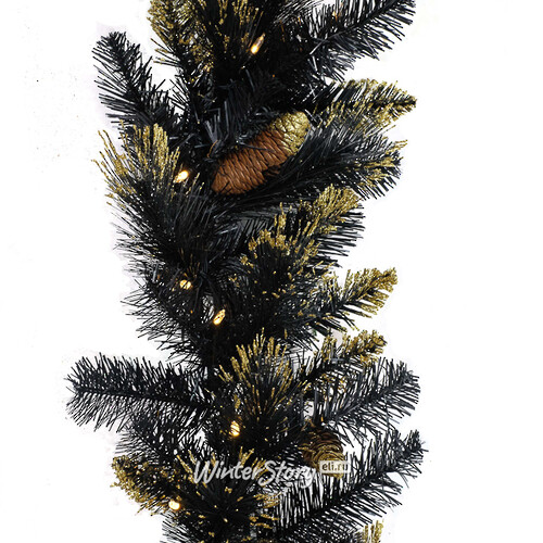 Черная хвойная гирлянда с лампочками Golden Black Bristle 274*25 см, 70 теплых белых LED, на батарейках, ЛЕСКА + ПВХ National Tree Company