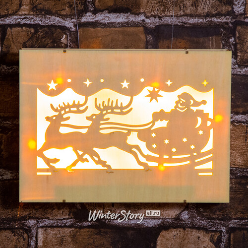 Картина со светодиодами "Упряжка Санты" с LED-огнями, 29*21 см, батарейка Edelman