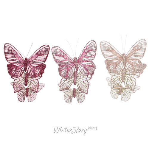 Набор декоративных украшений Бабочки Orecolo 11-14 см, 3 шт, нежно-розовый, клипса Kaemingk
