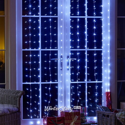 Светодиодная гирлянда на окно Роса Бриллиант 3*3 м, 300 холодных белых мини LED ламп, серебряная проволока, с пультом, IP20 Serpantin