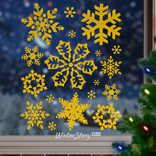 Наклейки для окна Снежинки 42*30 см золотые Koopman