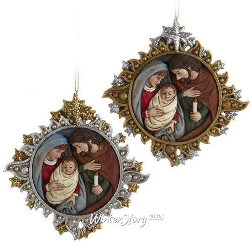 Елочная игрушка Святое Семейство - Дева Мария с Иисусом и Святой Иосиф 11 см серебряная, подвеска Kurts Adler