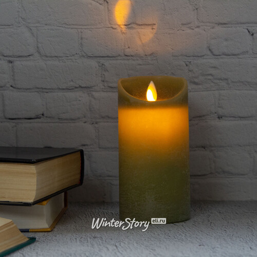 Светодиодная свеча с имитацией пламени 15 см, зеленая восковая, батарейка Peha