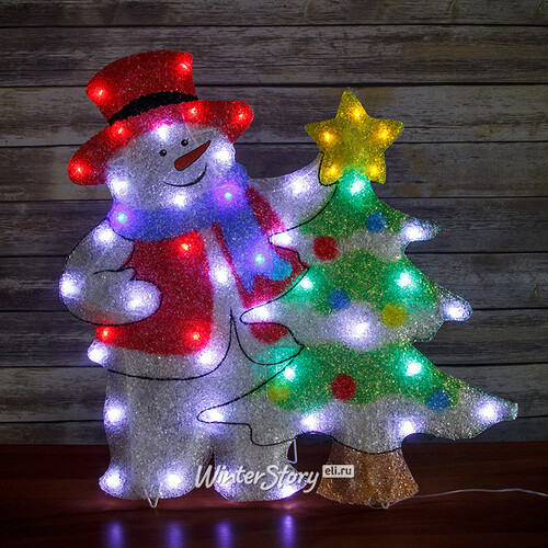 Светящееся панно Снеговик с елкой 66*64 см, холодные белые LED, на подставке, IP44 Snowhouse