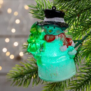 Светящаяся елочная игрушка Рождественская фигурка - Снеговичок в Шляпе 9 см на батарейке, подвеска Kaemingk фото 1