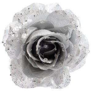 Роза Искристая 14 см серебряная, клипса Kaemingk фото 1