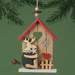 Деревянная елочная игрушка Праздничный домик Оленя с птичкой 15 см, подвеска