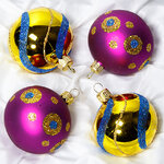 Набор стеклянных елочных шаров Фейерверк 6 см, 4 шт, фиолетовый с золотым
