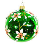 Стеклянный елочный шар Цветочный 9 см зеленый глянцевый