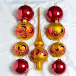 Набор стеклянных елочных шаров с верхушкой Сувенирный красный с золотым